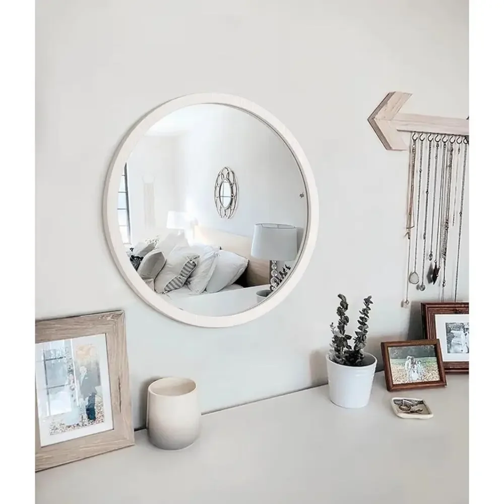 Round Wall Mirror 20 Inch Circle Wall Mirror for Bathroom, White Wood by JJUUYOU